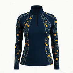 Studio white‑background product mockup of women’s navy golden poppy floral rhinestone‑detail long‑sleeve quarter‑zip riding top