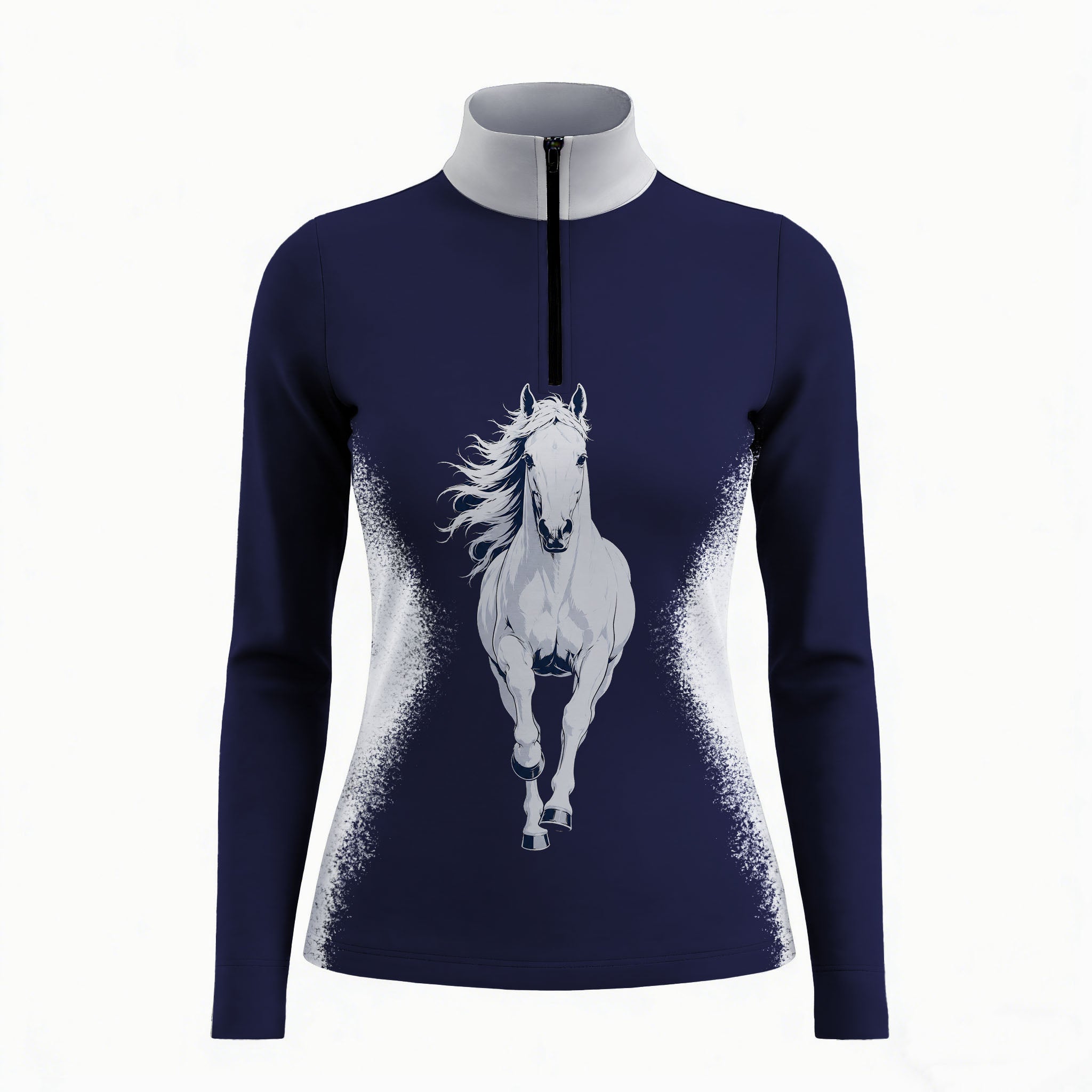 Studio white‑background product mockup of women’s navy splash‑effect galloping white‑horse print long‑sleeve quarter‑zip riding top