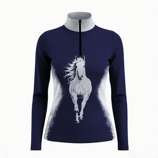 Studio white‑background product mockup of women’s navy splash‑effect galloping white‑horse print long‑sleeve quarter‑zip riding top