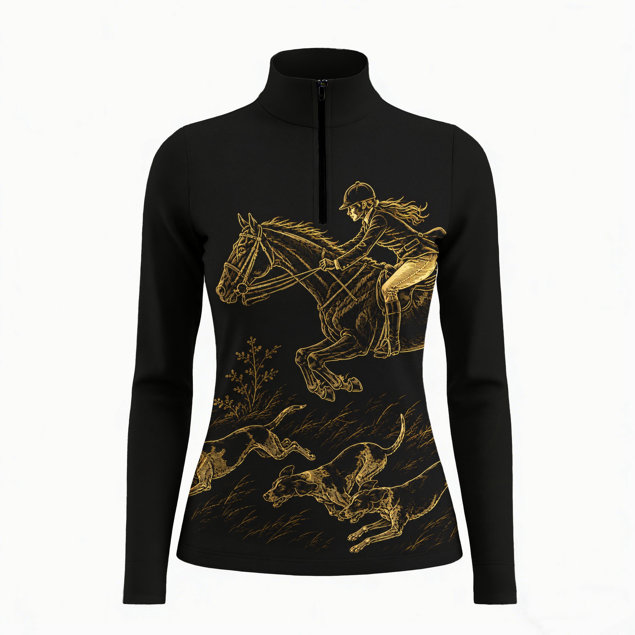 Studio white‑background product mockup of black long‑sleeve quarter‑zip riding top with gold line‑art jumping rider and hunting hounds print