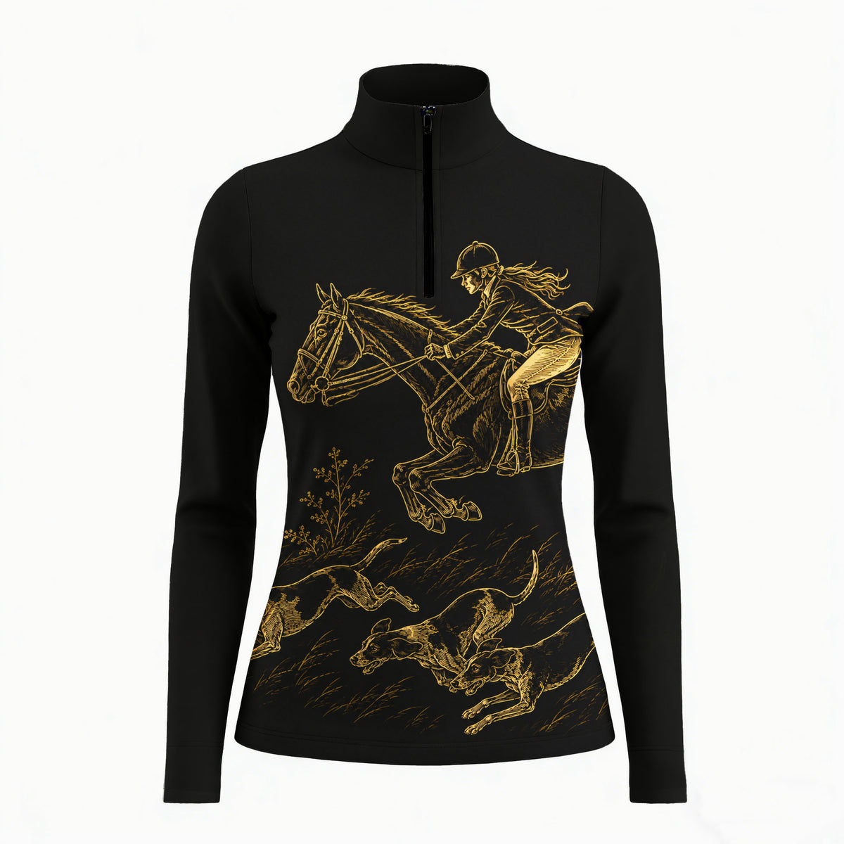 Studio white‑background product mockup of black long‑sleeve quarter‑zip riding top with gold line‑art jumping rider and hunting hounds print