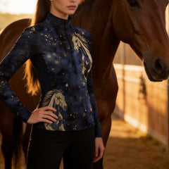 Golden‑hour outdoor lifestyle shot of female equestrian beside horse wearing deep navy long‑sleeve quarter‑zip riding top with galaxy starry sky and golden galloping horse print