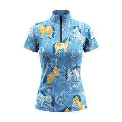 RIDER ATELIER Pink Cartoon Pony Print Short-Sleeve Quarter-Zip Riding Top