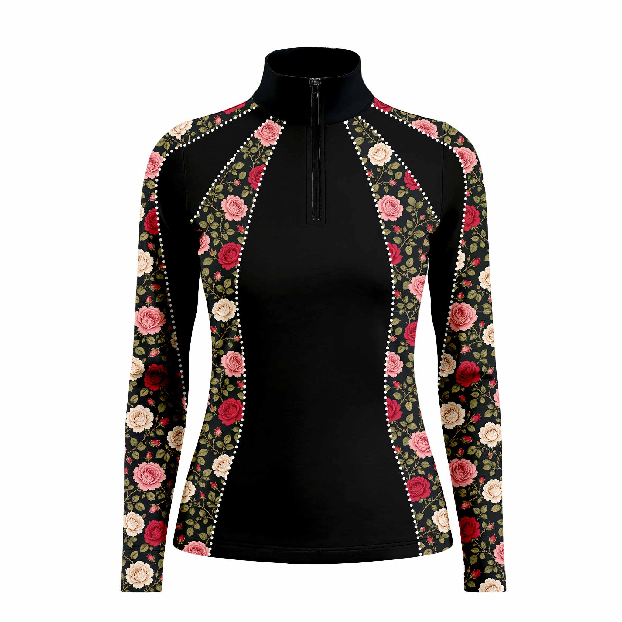 Lifestyle shot outside white stable farmhouse of female rider wearing black vintage rose floral long‑sleeve riding top with rhinestone‑dot panel trim, paired with beige riding breeches