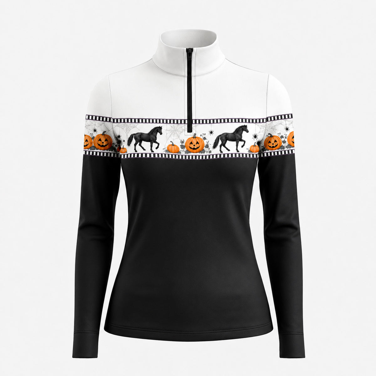 Studio white‑background product mockup of women’s black‑body Halloween black silhouette horse jack‑o‑lantern spider‑web border‑print long‑sleeve quarter‑zip riding top