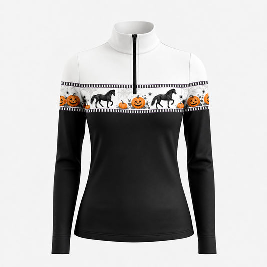 Studio white‑background product mockup of women’s black‑body Halloween black silhouette horse jack‑o‑lantern spider‑web border‑print long‑sleeve quarter‑zip riding top