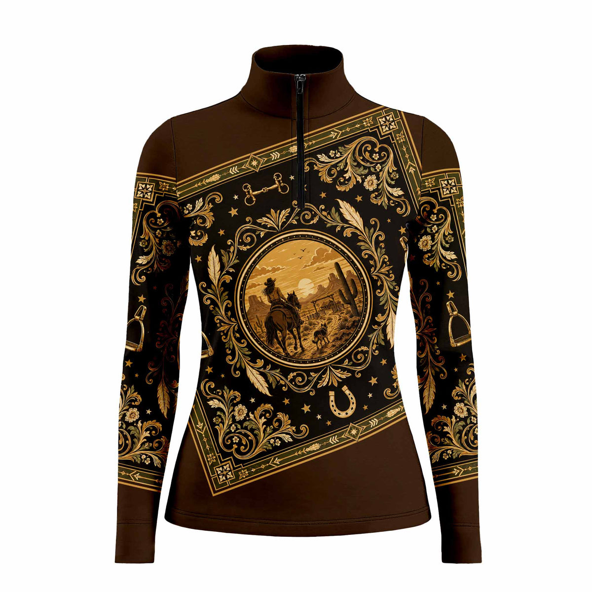 Sunny outdoor paddock lifestyle shot of female equestrian wearing cream‑black color‑block ink‑wash floral print long‑sleeve riding top, paired with white riding breeches and white riding gloves