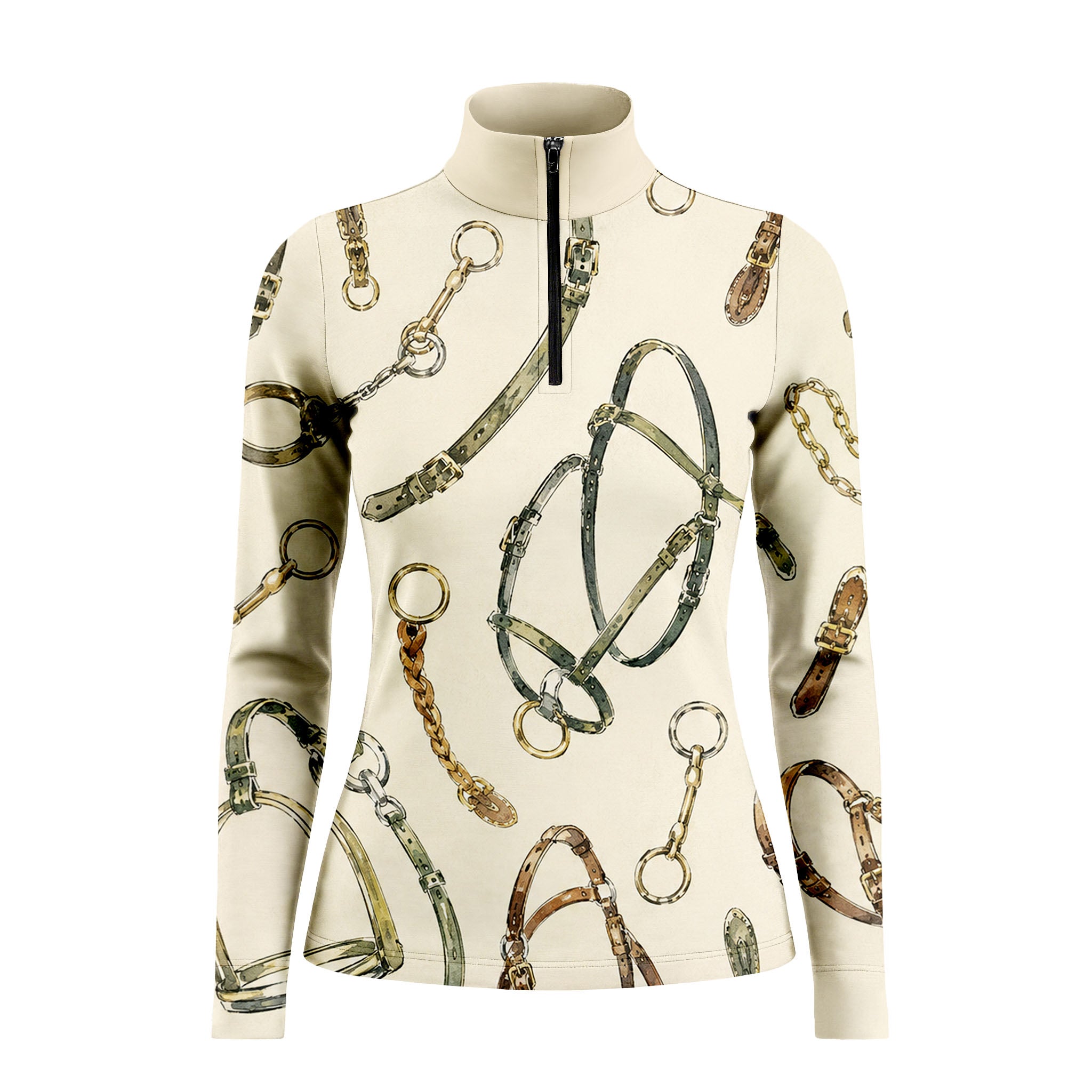 Studio white‑background product mockup of women’s cream off‑white long‑sleeve quarter‑zip riding top with full watercolor horse‑tack hardware all‑over print