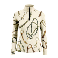 Studio white‑background product mockup of women’s cream off‑white long‑sleeve quarter‑zip riding top with full watercolor horse‑tack hardware all‑over print