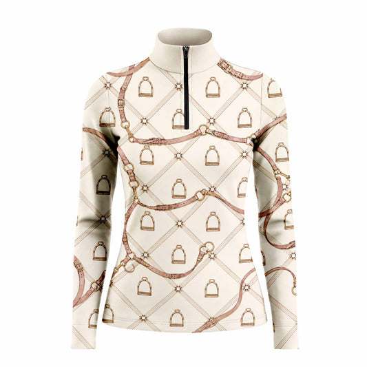 Studio white‑background product mockup of women’s cream off‑white long‑sleeve quarter‑zip riding top with full vintage bridle stirrup lattice all‑over print