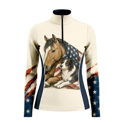 Studio white‑background product mockup of women’s cream long‑sleeve quarter‑zip riding top with full vintage USA flag horse & border collie front‑print and navy color‑block panels
