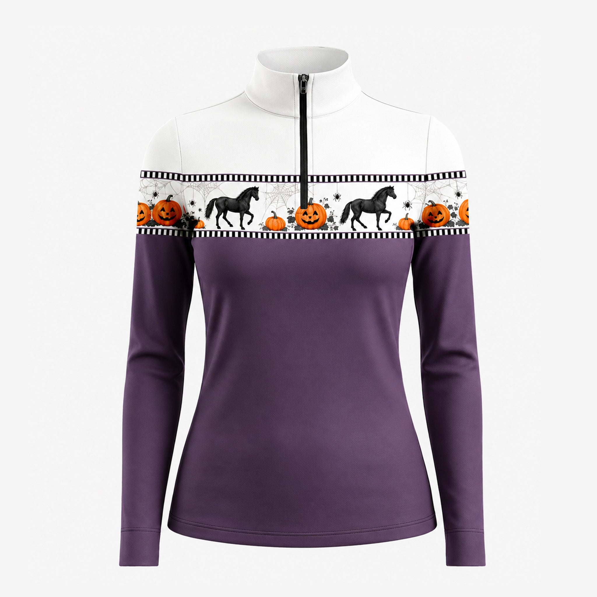 Studio white‑background product mockup of women’s plum‑purple‑body Halloween black silhouette horse jack‑o‑lantern spider‑web border‑print long‑sleeve quarter‑zip riding top