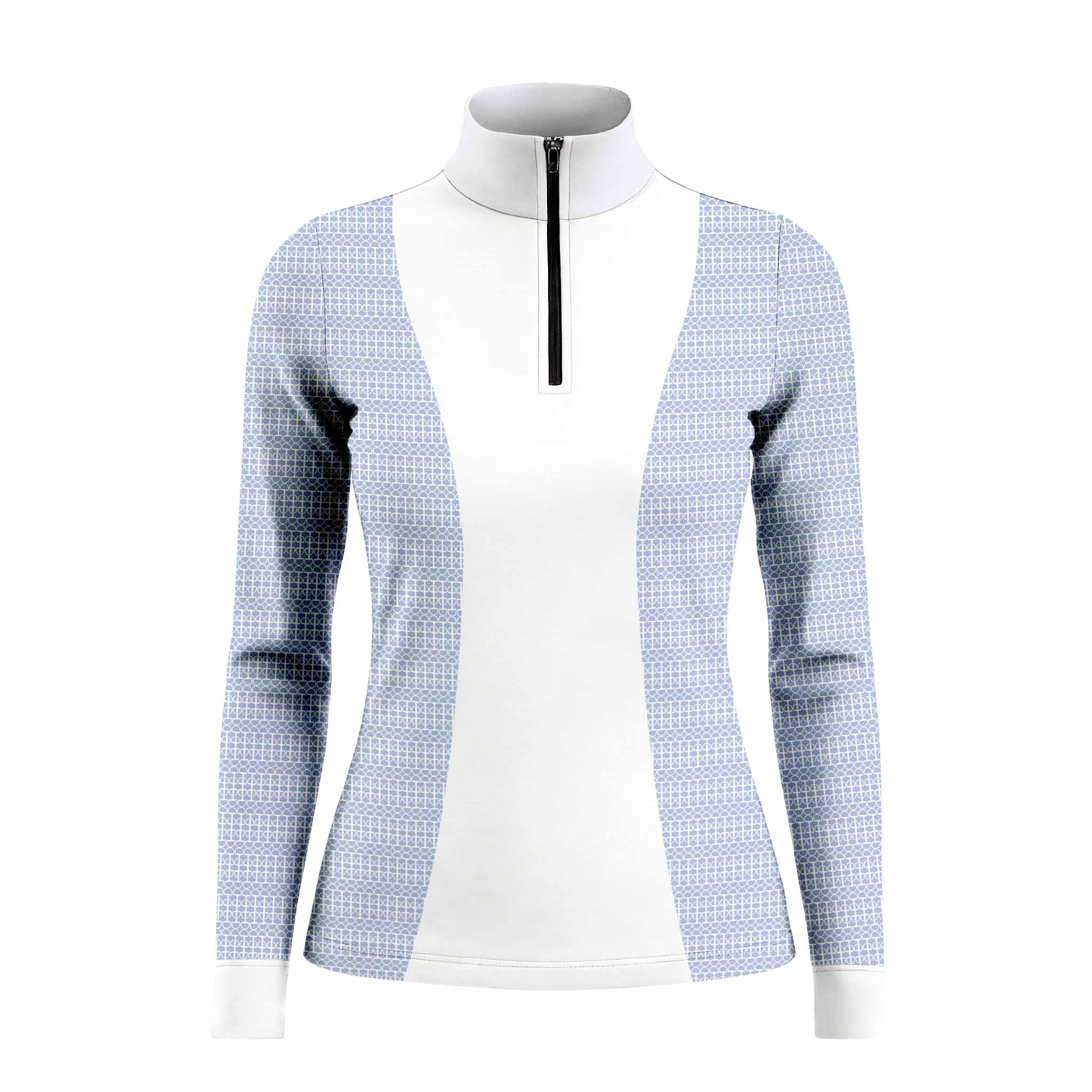 Studio white‑background product mockup of women’s navy side‑spliced long‑sleeve quarter‑zip riding top with white central panel and fence‑grid geometric print