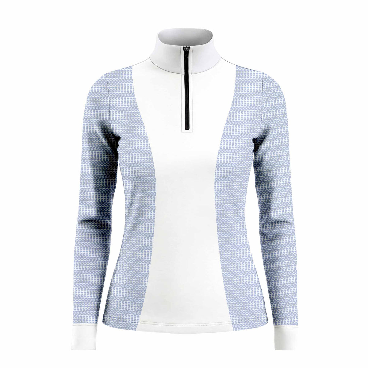 Studio white‑background product mockup of women’s navy side‑spliced long‑sleeve quarter‑zip riding top with white central panel and fence‑grid geometric print
