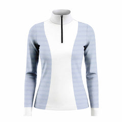 Studio white‑background product mockup of women’s navy side‑spliced long‑sleeve quarter‑zip riding top with white central panel and fence‑grid geometric print