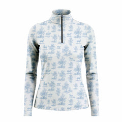 Off White Soft Blue Equestrian Toile De Jouy Horse Rider Tree Ditsy Print Long-Sleeve Quarter-Zip Riding Top