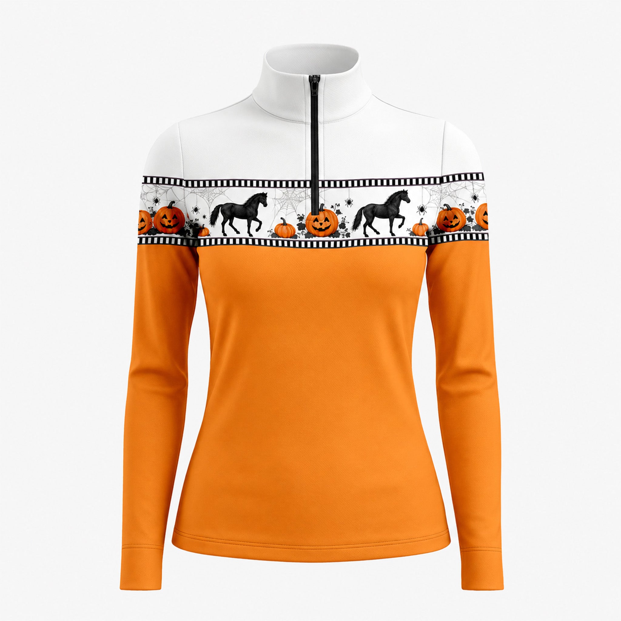 Studio white‑background product mockup of women’s orange‑body Halloween black silhouette horse jack‑o‑lantern spider‑web border‑print long‑sleeve quarter‑zip riding top