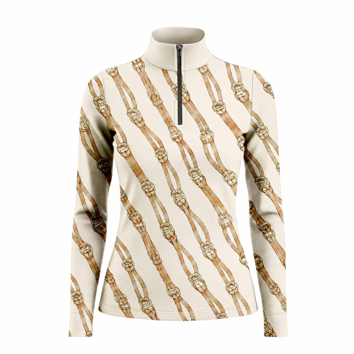 Equestrian Bit & Bridle Diagonal Print Long‑Sleeve Quarter‑Zip Riding Top