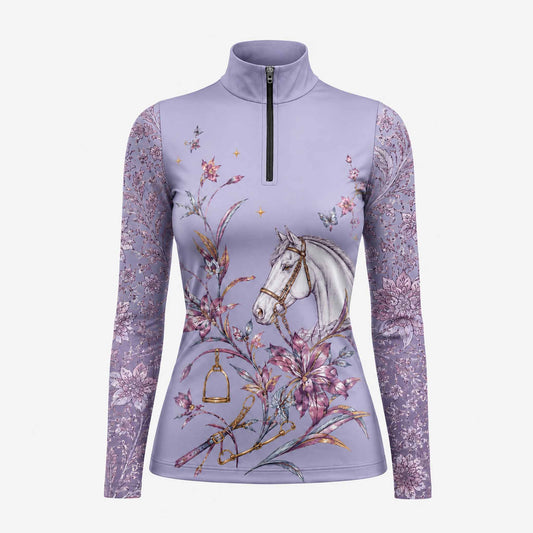 Studio white‑background product mockup of women’s lavender‑base watercolor white horse head floral butterfly & equestrian‑hardware panel‑print long‑sleeve quarter‑zip riding top