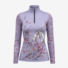 Studio white‑background product mockup of women’s lavender‑base watercolor white horse head floral butterfly & equestrian‑hardware panel‑print long‑sleeve quarter‑zip riding top