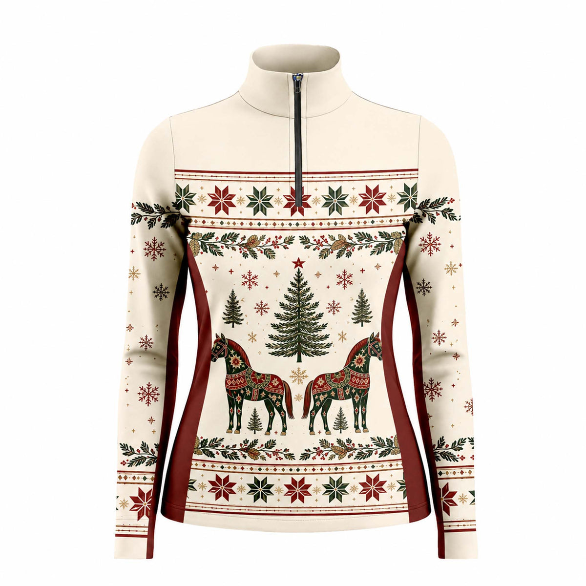 Festive Nordic Christmas Dala Horse Print Color‑Block Long‑Sleeve Quarter‑Zip Riding Top