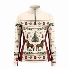 Festive Nordic Christmas Dala Horse Print Color‑Block Long‑Sleeve Quarter‑Zip Riding Top