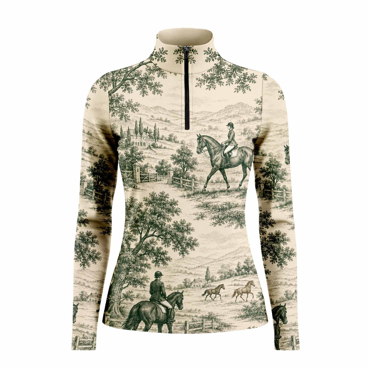 Green Vintage Toile Equestrian Landscape Print Long-Sleeve Quarter-Zip Riding Top