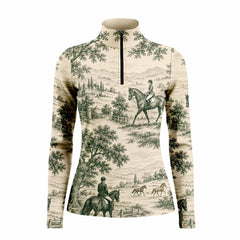 Green Vintage Toile Equestrian Landscape Print Long-Sleeve Quarter-Zip Riding Top