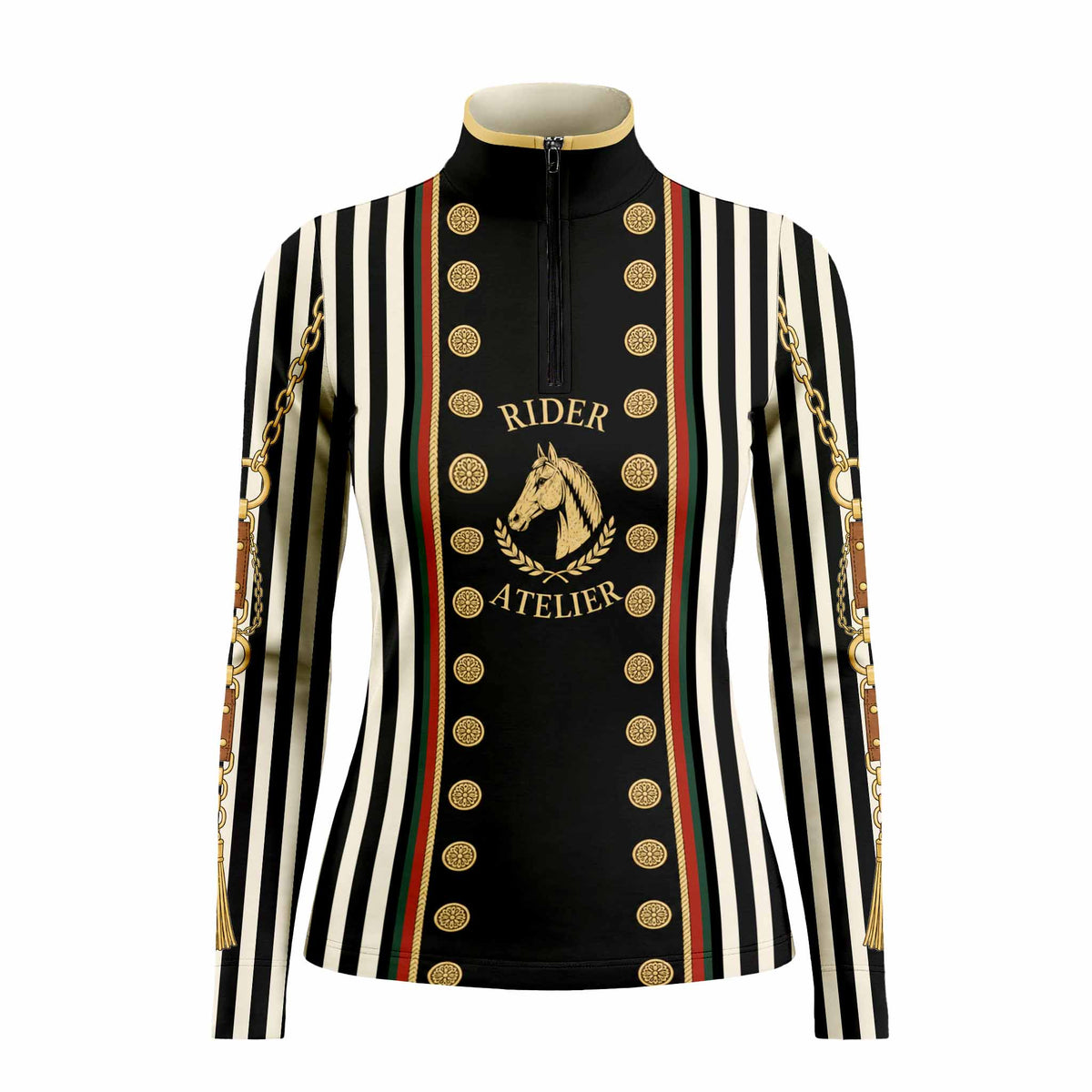 Show‑ground lifestyle shot of female equestrian leaning on white fence wearing black‑white stripe vintage military‑style graphic long‑sleeve riding top and white riding breeches with black riding gloves