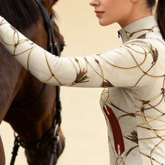 Cream Base Equestrian Horse Bit Bridle Tassel All‑Over Print Long‑Sleeve Quarter‑Zip Riding Top | Free Matching Design Scarf Gift