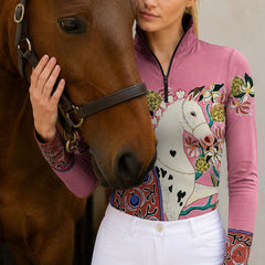RIDER ATELIER Artisan Dala Horse Equestrian Quarter-Zip Top | Dusty Rose Riding Shirt