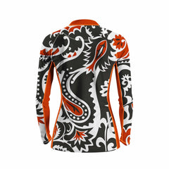 Women Long Sleeve Black White Rust Paisley Floral Cycling Jersey Full Zip Bike Top