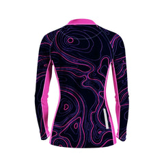 Women Long Sleeve Black Neon Pink Purple Topographic Contour Line Cycling Jersey Full Zip Bike Top
