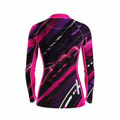 Women Long Sleeve Black Neon Pink Lightning Geometric Racing Cycling Jersey Full Zip Bike Top
