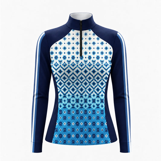 Orange Geometric Star Color Block Long Sleeve Quarter Zip Riding Top