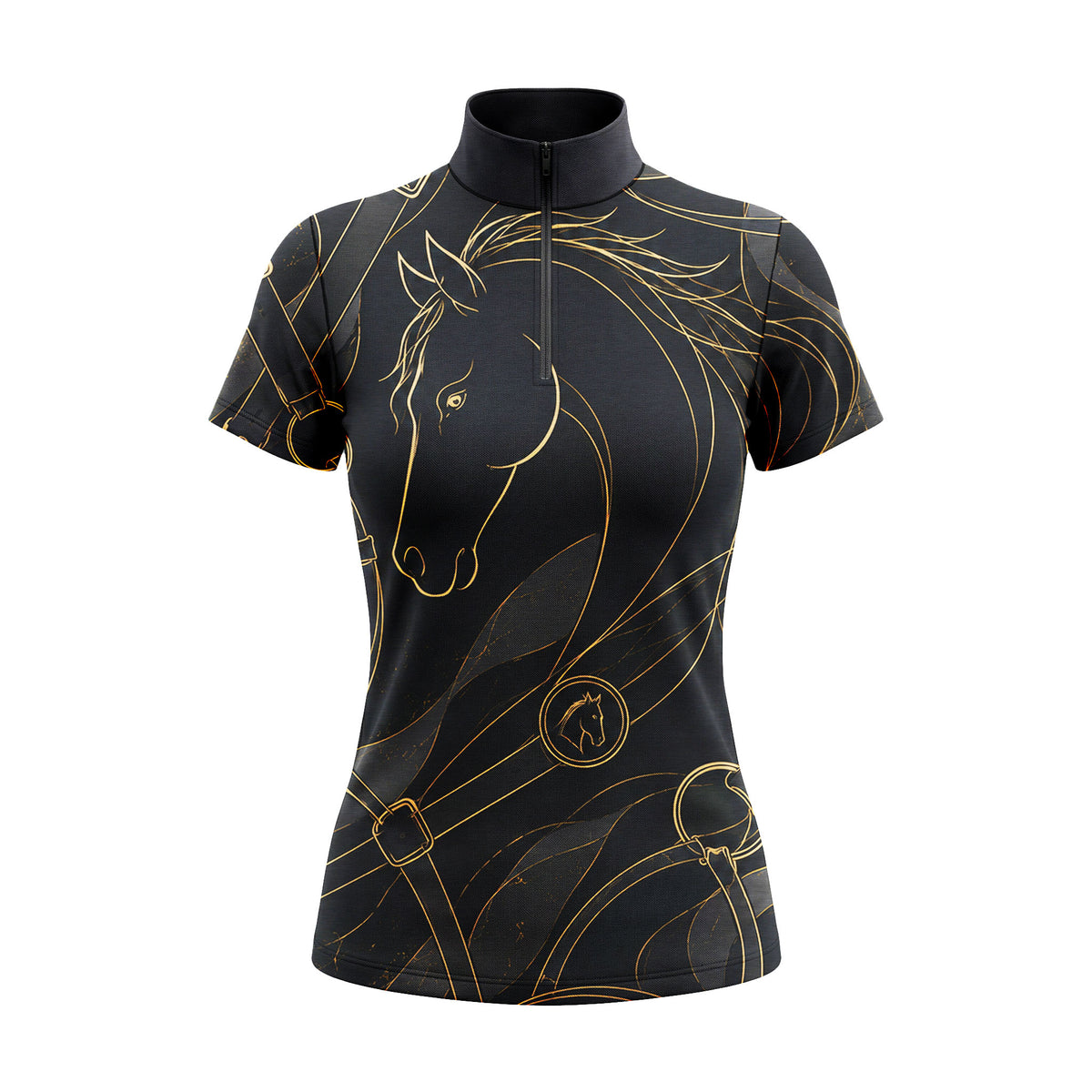 RIDER ATELIER Black & Gold Equine Line Art Short-Sleeve Quarter-Zip Riding Top