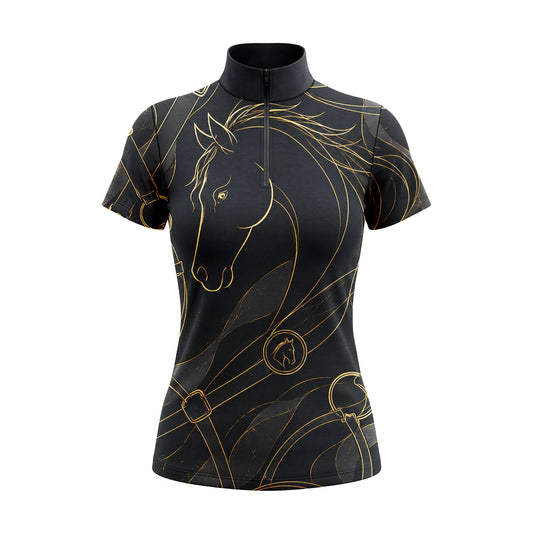 RIDER ATELIER Black & Gold Equine Line Art Short-Sleeve Quarter-Zip Riding Top