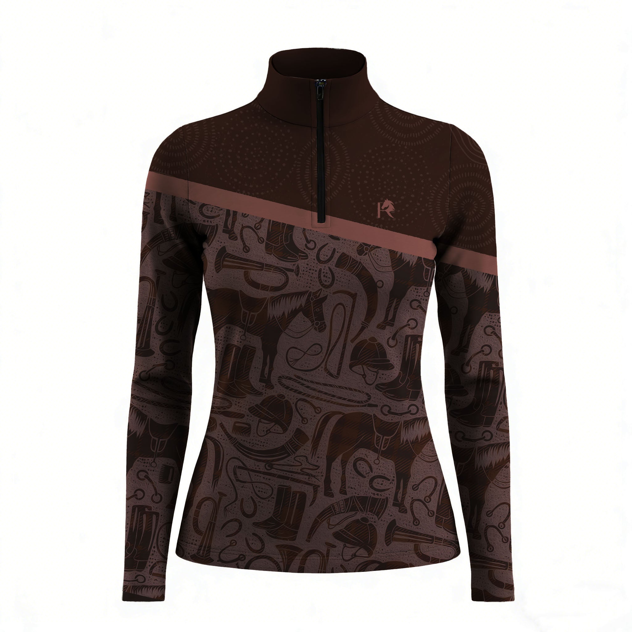 Studio white‑background product mockup of women’s two‑tone brown long‑sleeve quarter‑zip riding top with full equestrian‑tack silhouette collage print