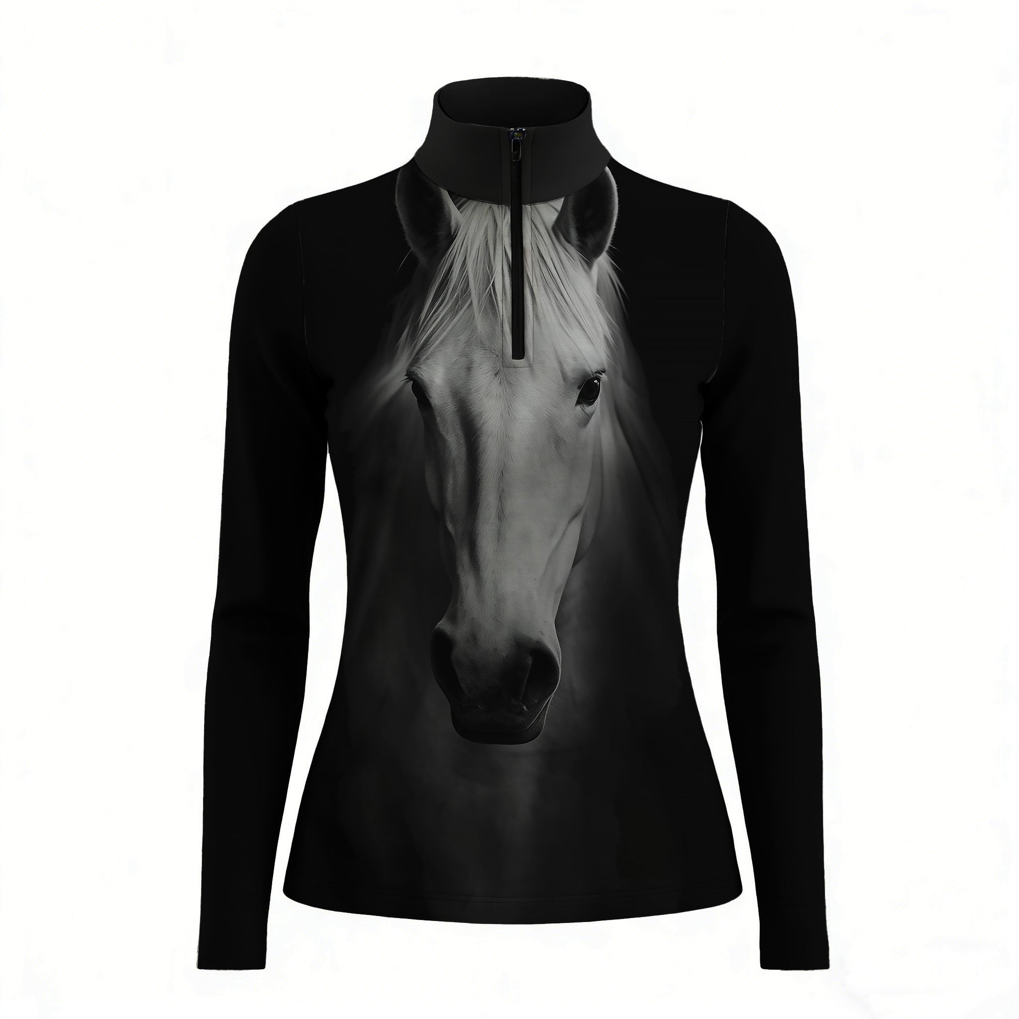 Studio white‑background product mockup of women’s black long‑sleeve quarter‑zip riding top with realistic white horse‑head front portrait print