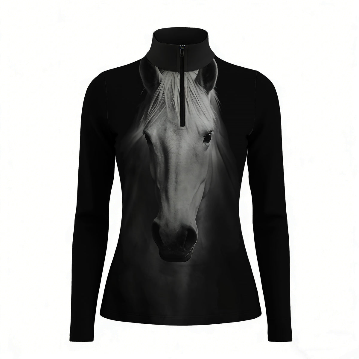 Studio white‑background product mockup of women’s black long‑sleeve quarter‑zip riding top with realistic white horse‑head front portrait print