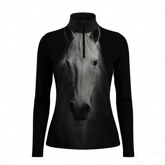 Studio white‑background product mockup of women’s black long‑sleeve quarter‑zip riding top with realistic white horse‑head front portrait print