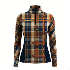 Dark Green Tartan Vintage Leather‑Strap Bridle‑Hardware Print Long‑Sleeve Quarter‑Zip Riding Top