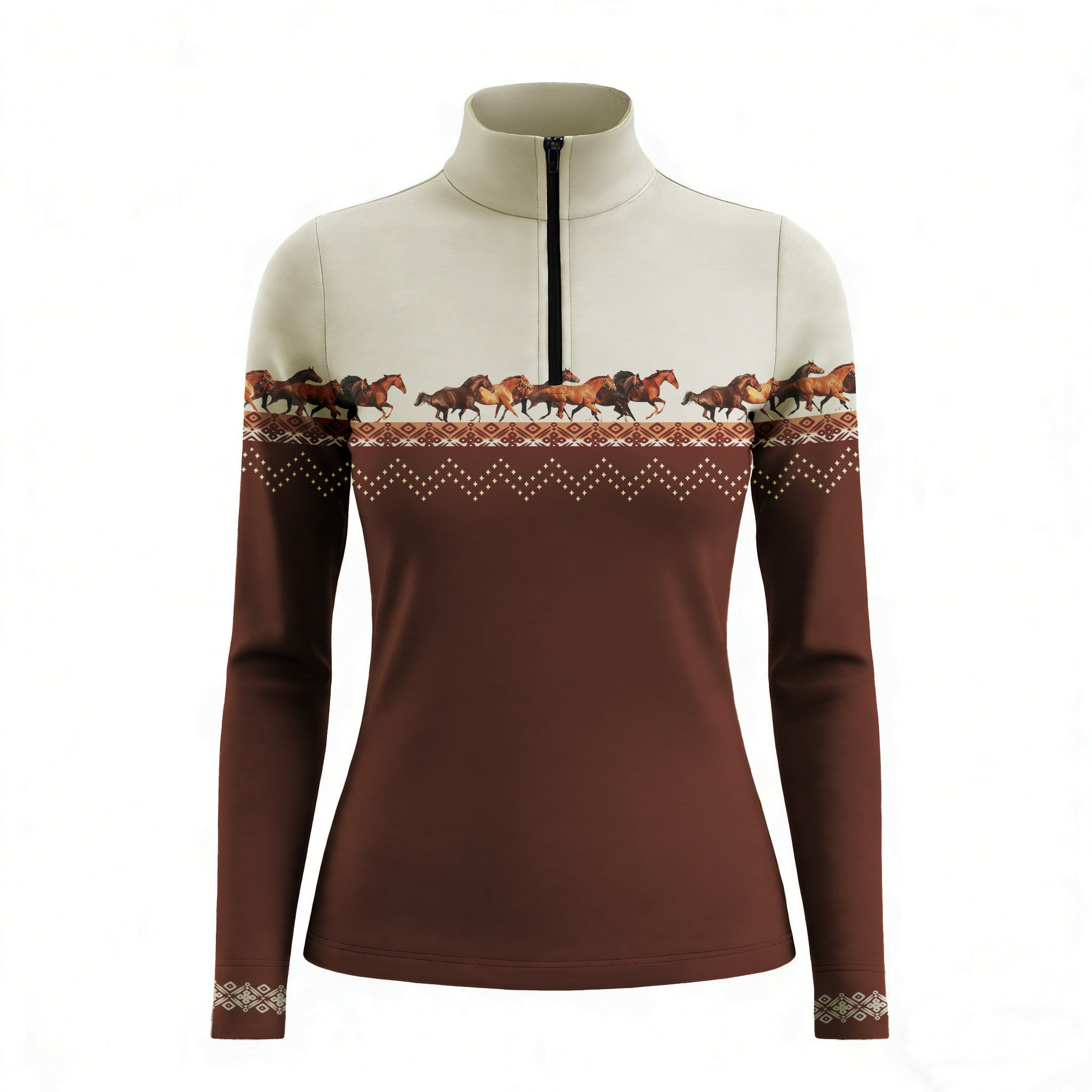 Studio white‑background product mockup of women’s chestnut brown color‑block fair‑isle horse herd border‑print long‑sleeve quarter‑zip riding top