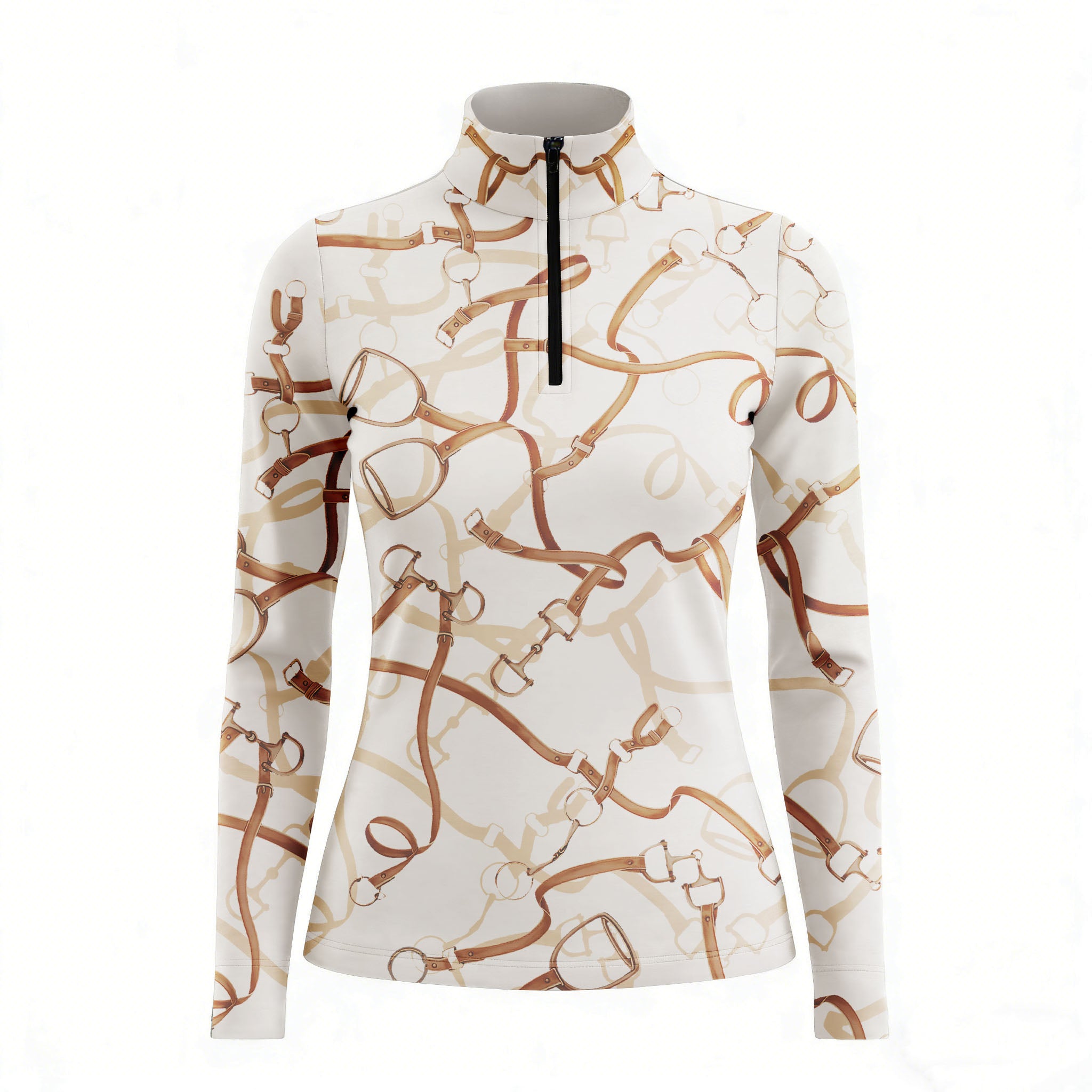 Studio white‑background product mockup of women’s cream leather bridle bit & reins long‑sleeve quarter‑zip riding top