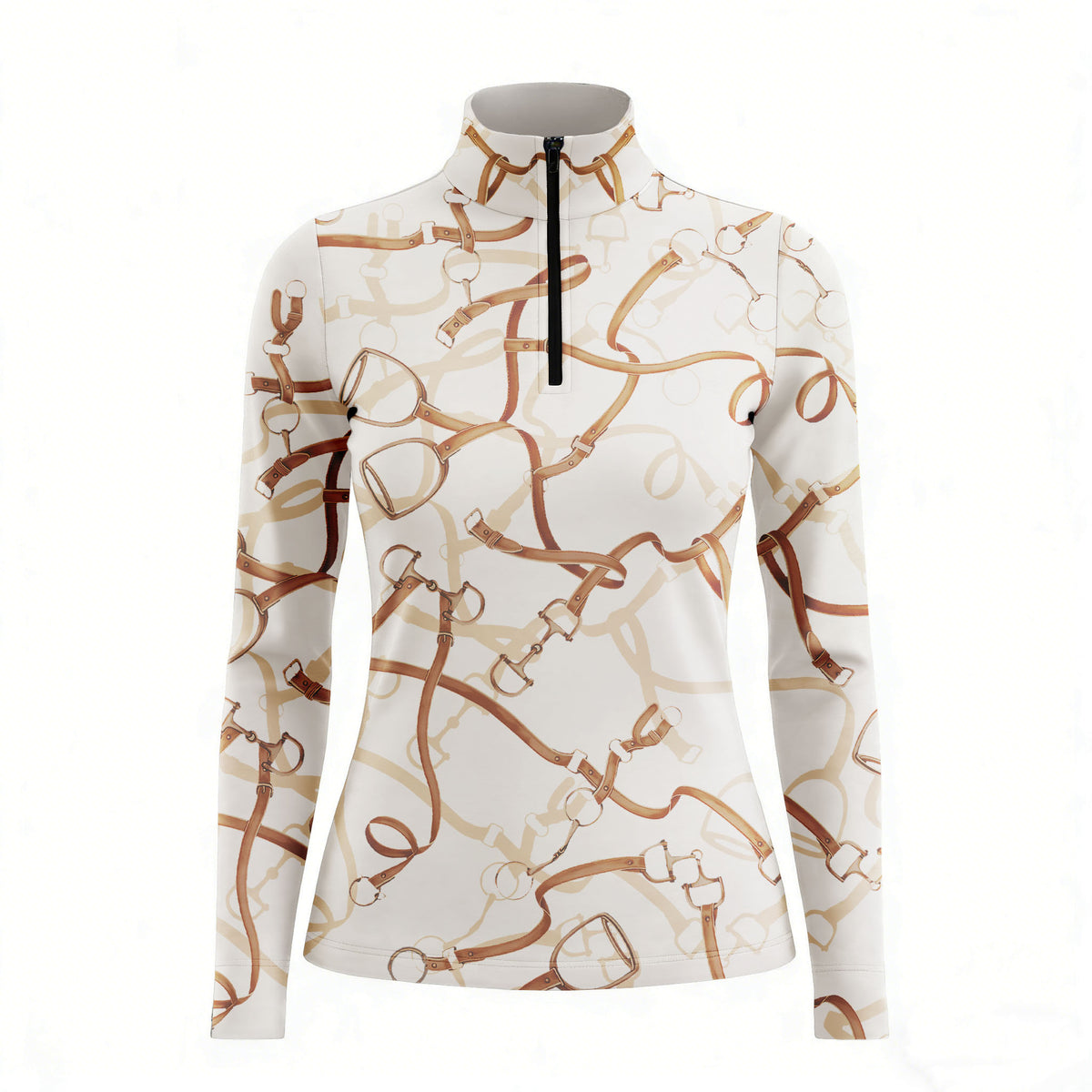 Studio white‑background product mockup of women’s cream leather bridle bit & reins long‑sleeve quarter‑zip riding top