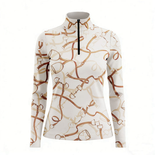 Studio white‑background product mockup of women’s cream leather bridle bit & reins long‑sleeve quarter‑zip riding top