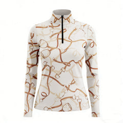 Studio white‑background product mockup of women’s cream leather bridle bit & reins long‑sleeve quarter‑zip riding top