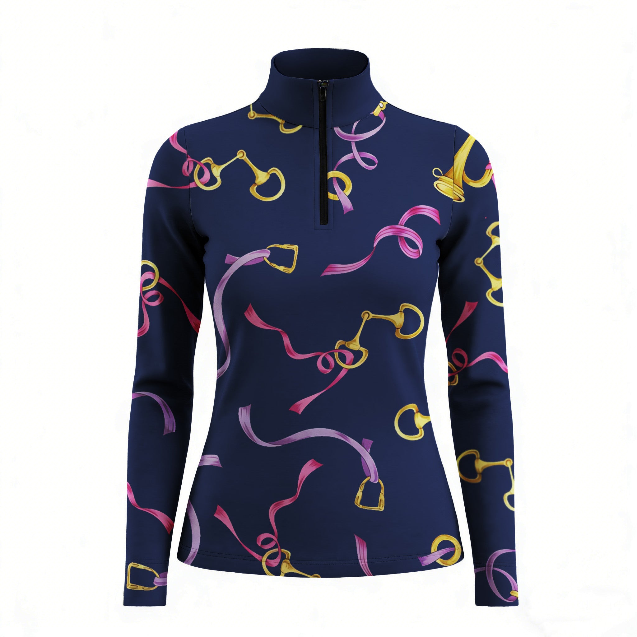 Studio white‑background product mockup of women’s navy‑base long‑sleeve quarter‑zip riding top with golden bit buckle and pink purple ribbon all‑over print