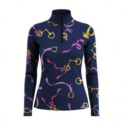 Studio white‑background product mockup of women’s navy‑base long‑sleeve quarter‑zip riding top with golden bit buckle and pink purple ribbon all‑over print