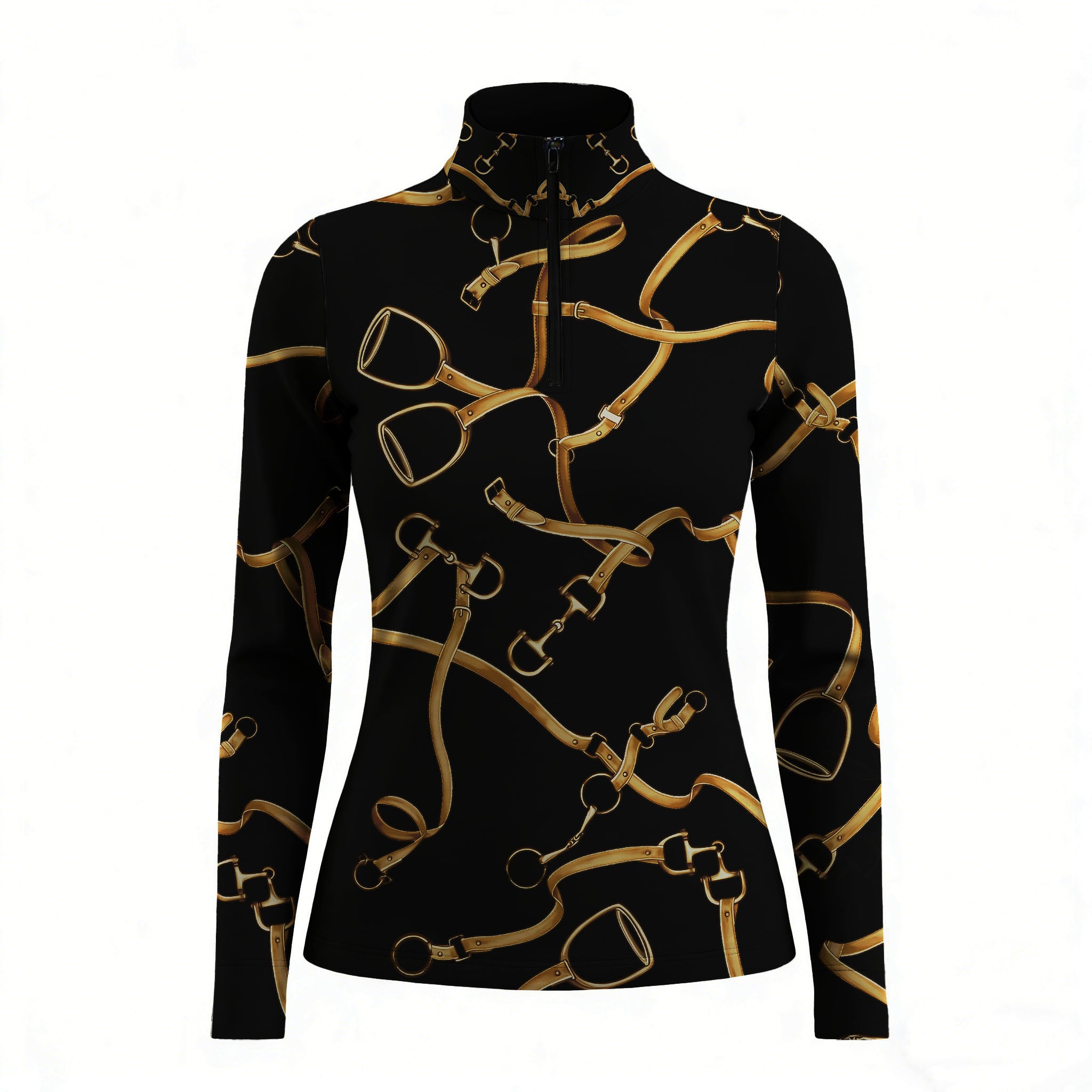 Studio white‑background product mockup of women’s black golden bridle stirrup bit all‑over‑print long‑sleeve quarter‑zip riding top